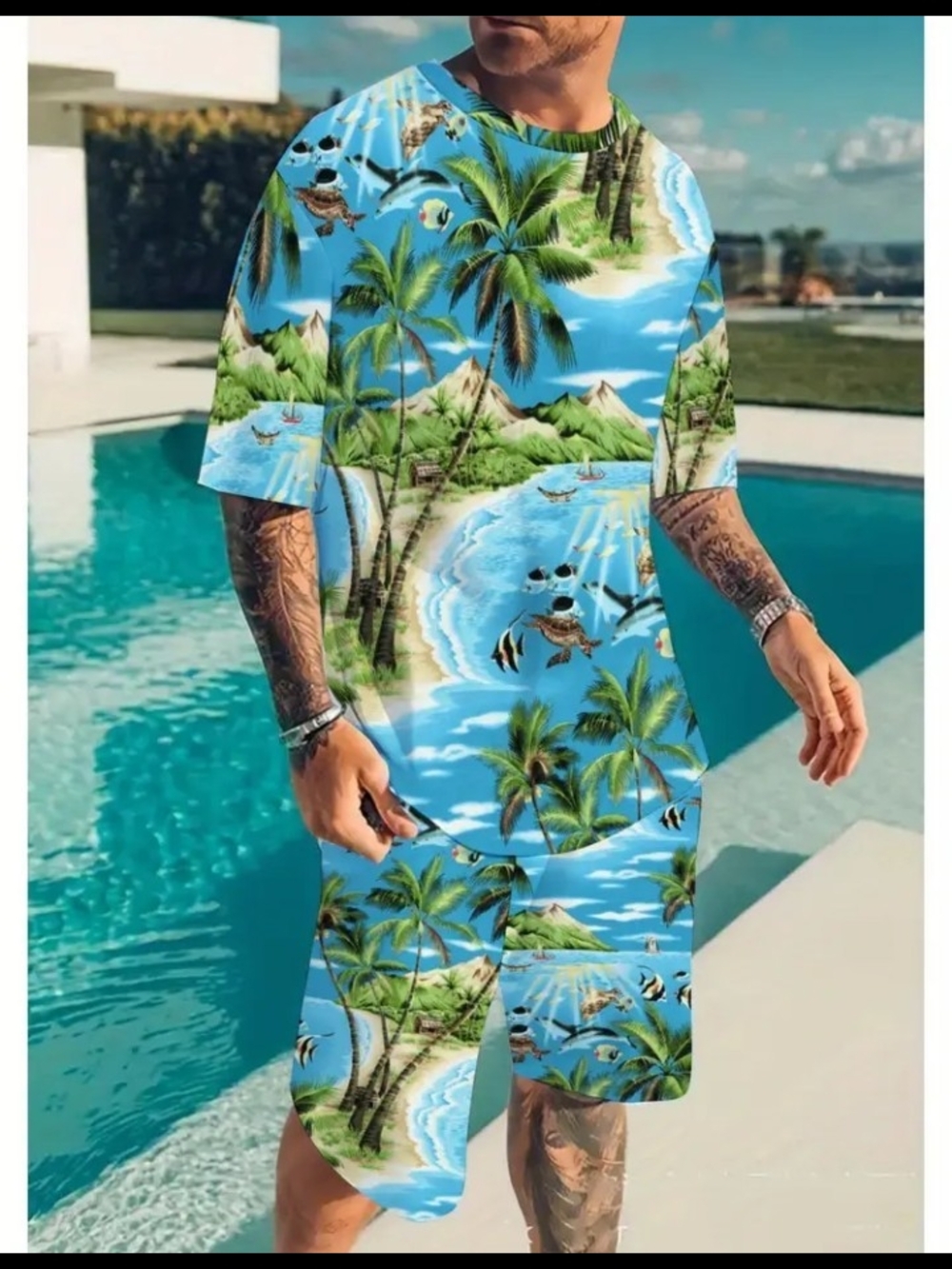 Men's Blue Tropical Palm Swim Set Shorts Outfit Size Extra Large